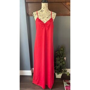 Vintage Red Silky Full Length Nightgown V-Neck Ruched Bust Spaghetti Strap Maxi